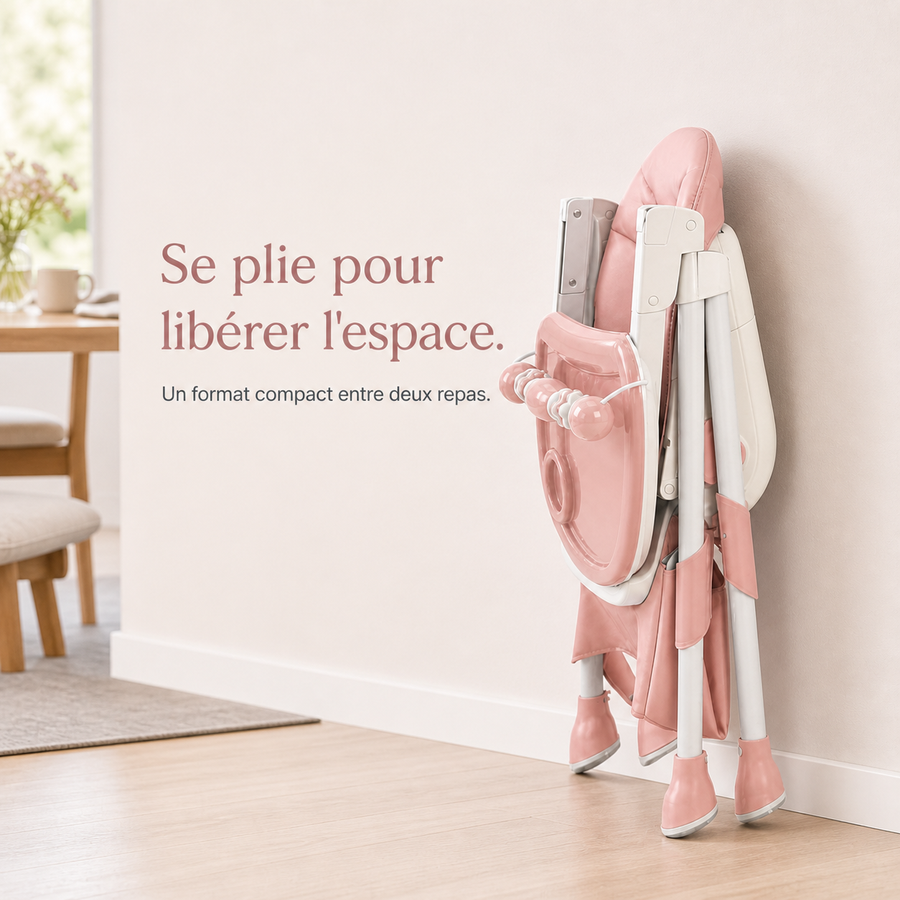 Chaise haute pliable E500 rose poudré pliée et rangée debout contre un mur