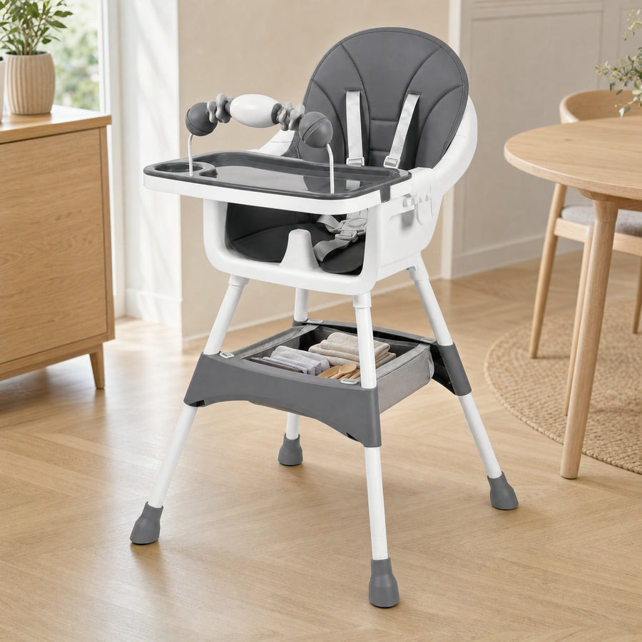Chaise haute évolutive Confort gris, panier de rangement sous l’assise