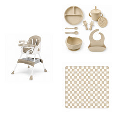 Pack Repas : chaise haute, coffret repas et tapis, ensemble Beige