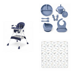 Pack Repas : chaise haute, coffret repas et tapis, ensemble Bleu nuit