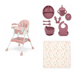 Pack Repas : chaise haute, coffret repas et tapis, ensemble Rose poudré