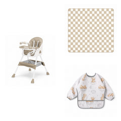 Pack Essentiel : chaise haute, tapis et bavoir, ensemble Beige