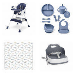 Pack Nomade : chaise haute, coffret, tapis et rehausseur, ensemble Bleu nuit