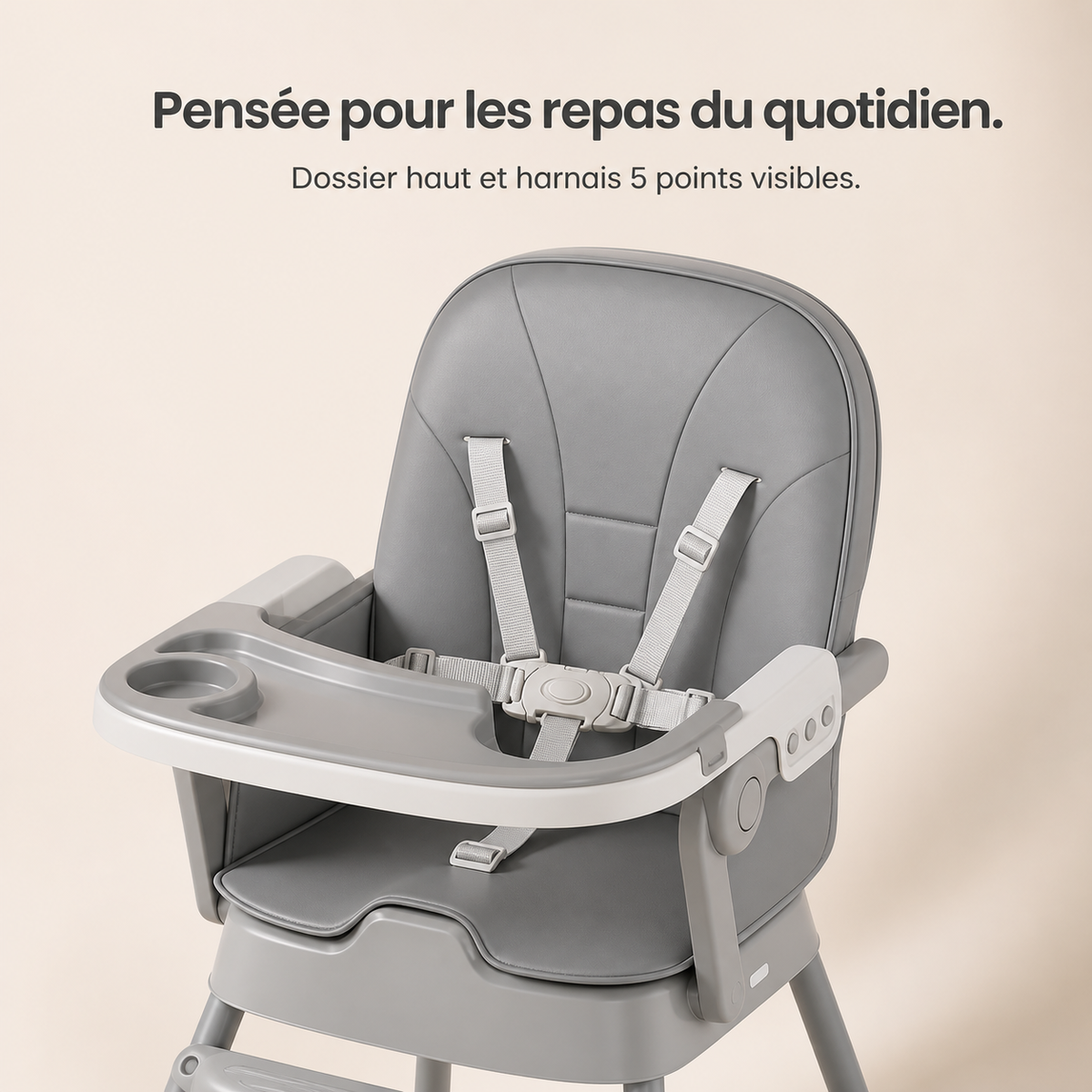 Harnais 5 points d'une chaise haute NIDOMEA, détail des sangles et de la boucle