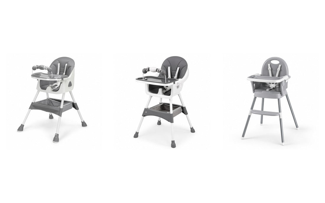 Les trois chaises hautes NIDOMEA en gris, côte à côte sur fond blanc