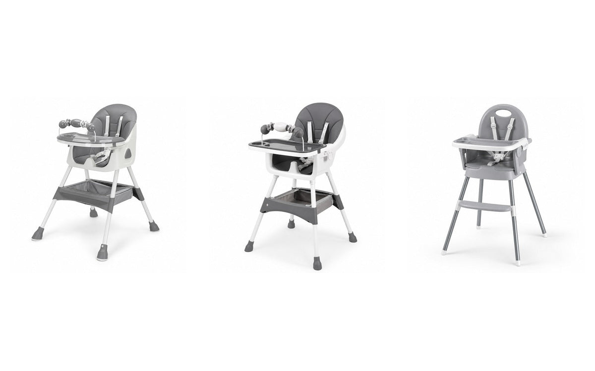 Les trois chaises hautes NIDOMEA en gris, côte à côte sur fond blanc