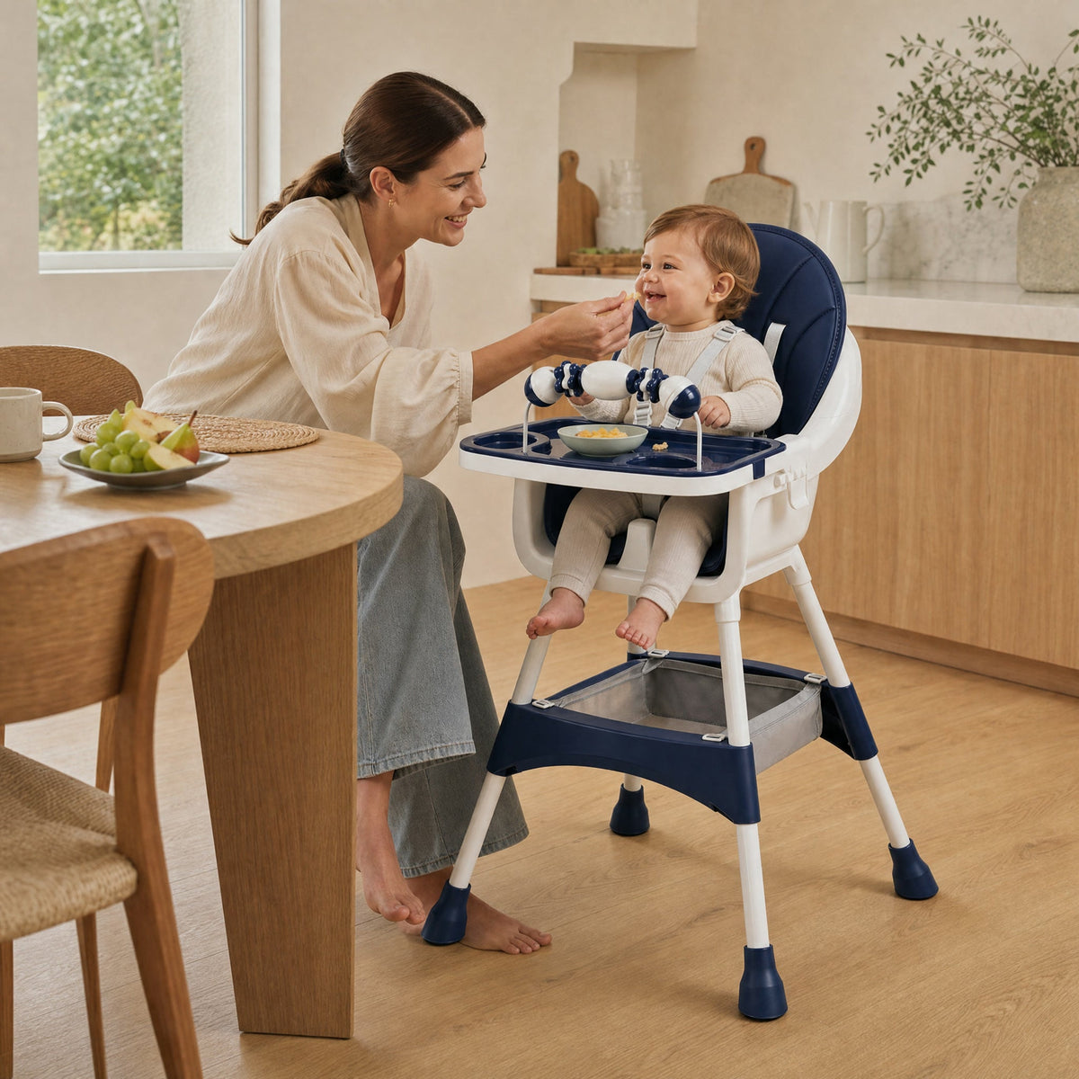 Chaise haute bébé évolutive NIDOMEA Confort bleu nuit à table en famille, comparée à la Stokke Tripp Trapp