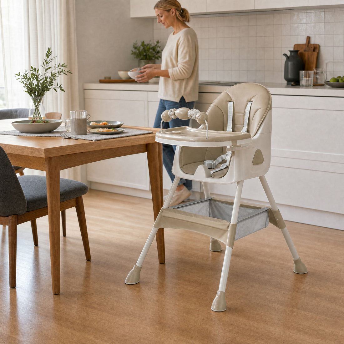 Bébé installé dans une chaise haute NIDOMEA beige, pieds en appui sur le repose-pieds