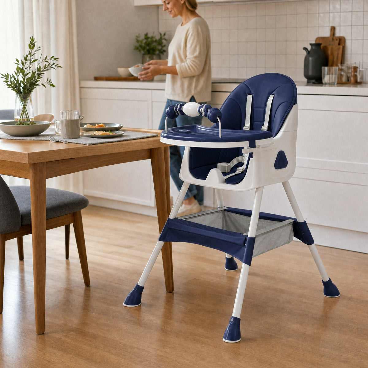 Chaise haute bébé NIDOMEA bleu nuit installée à hauteur de table