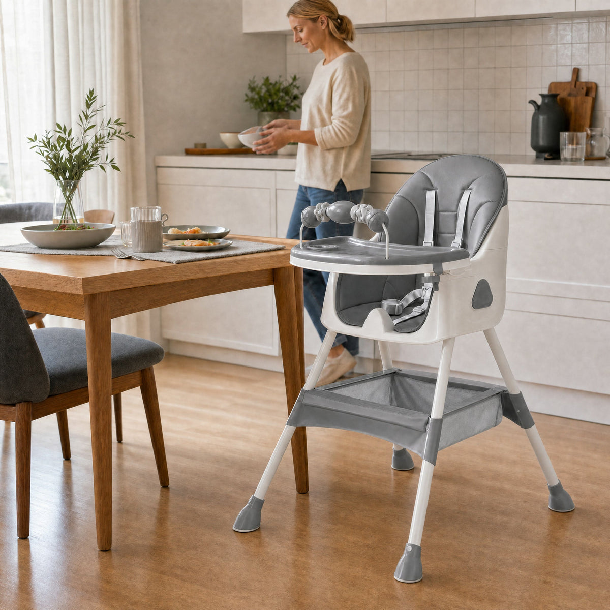 Chaise haute bébé NIDOMEA grise à table, contrôle avant achat d'occasion
