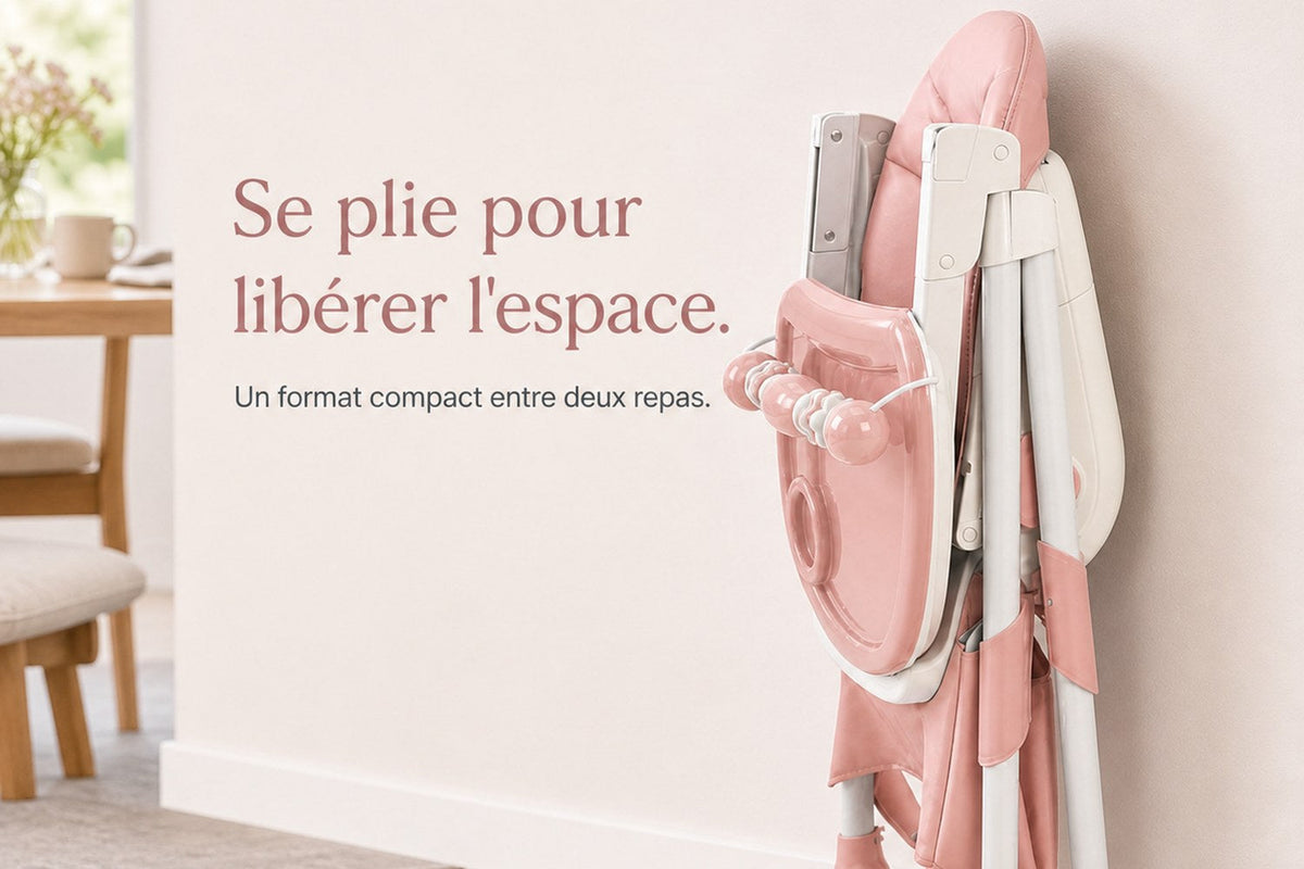Chaise haute pliée, rangée dans un espace étroit