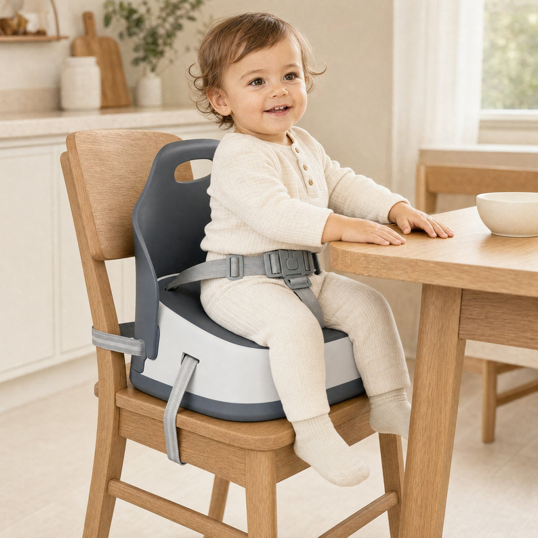 Rehausseur de chaise bébé nomade NIDOMEA gris sanglé sur une chaise adulte
