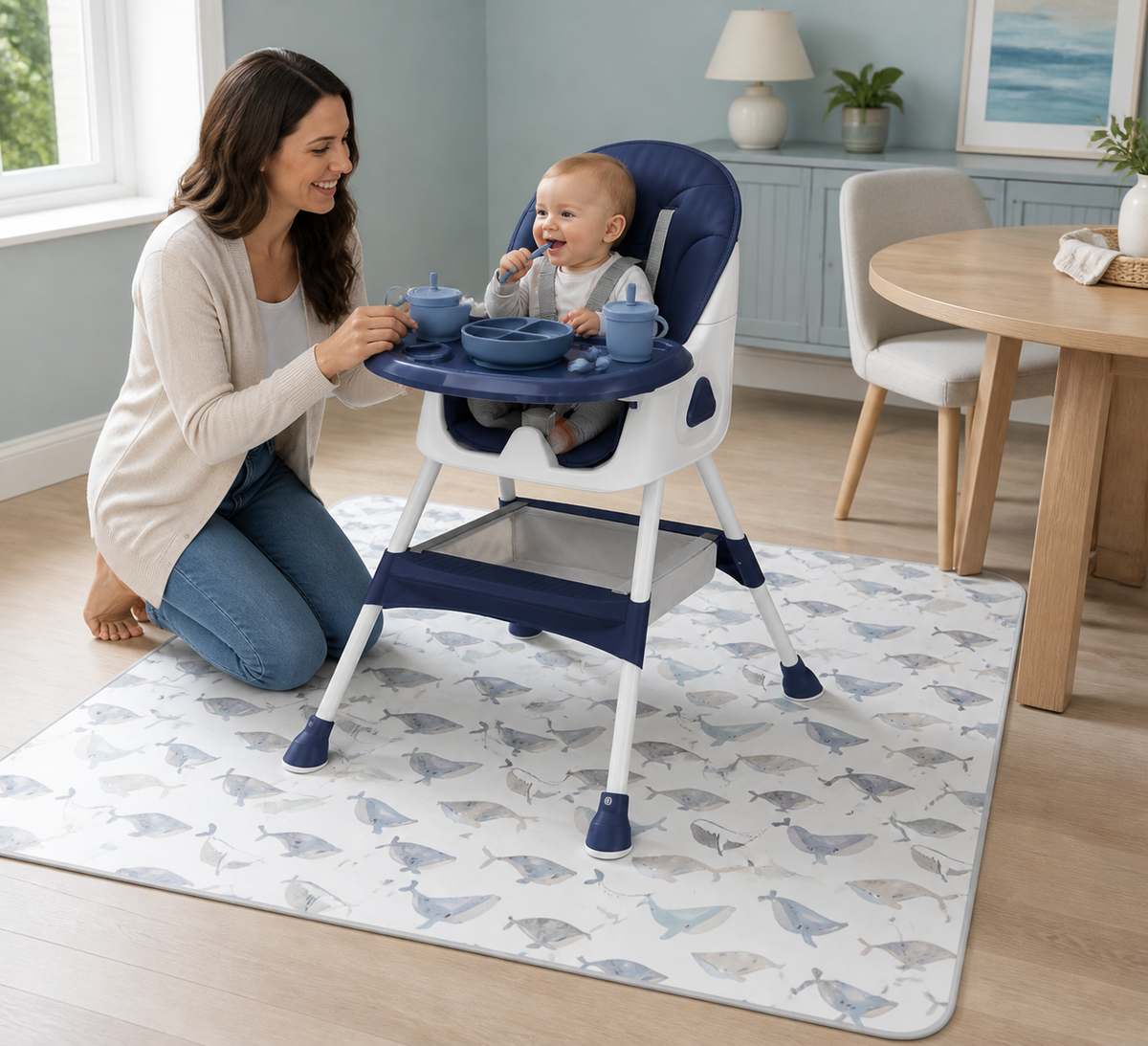 Tapis de repas imperméable NIDOMEA — 06 repas bleu baleines
