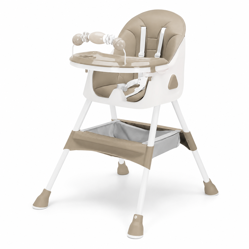 Chaise haute bébé pliable E500 NIDOMEA coloris beige, sur fond blanc