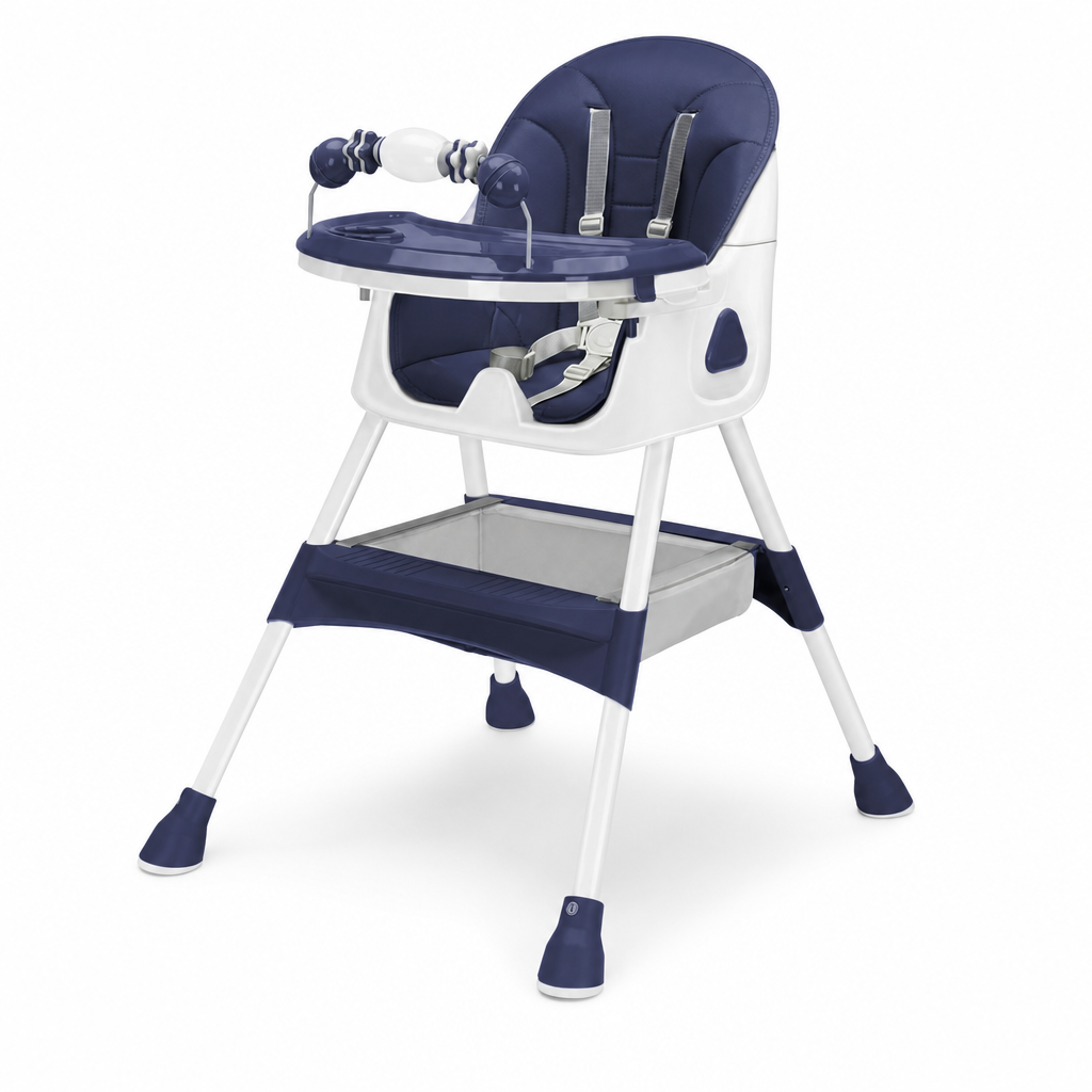 Chaise haute bébé pliable E500 NIDOMEA coloris bleu nuit, sur fond blanc