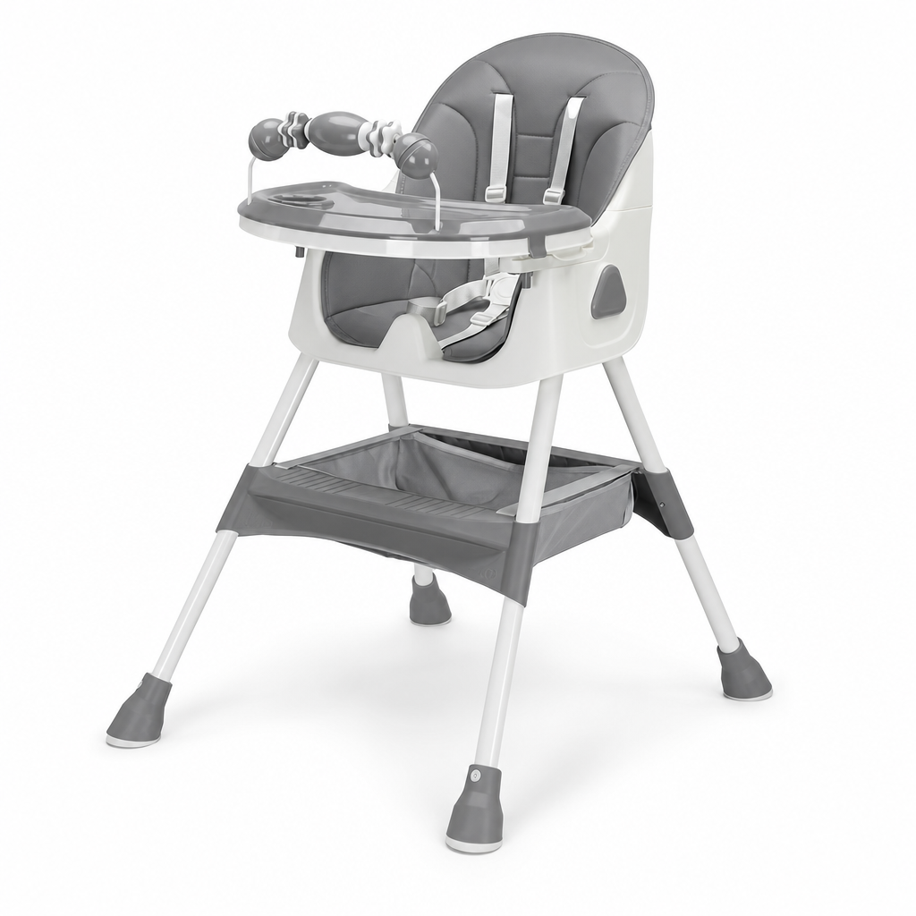 Chaise haute bébé pliable E500 NIDOMEA coloris gris, sur fond blanc