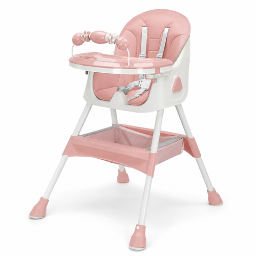 Chaise haute bébé pliable E500 NIDOMEA coloris rose poudré, sur fond blanc