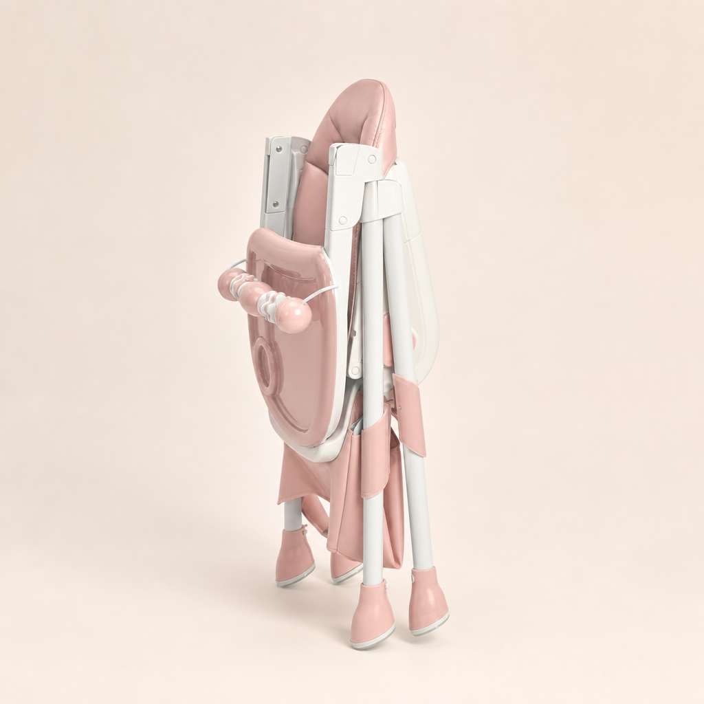 Chaise haute pliable E500 rose poudré repliée, vue d’ensemble