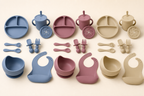 Les trois coloris du coffret repas : rose poudré, bleu ciel et beige