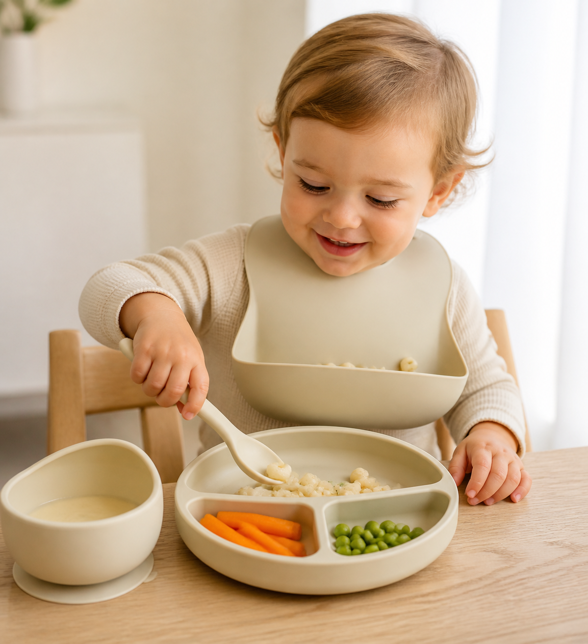 Bavoir en silicone à poche du coffret repas, coloris beige