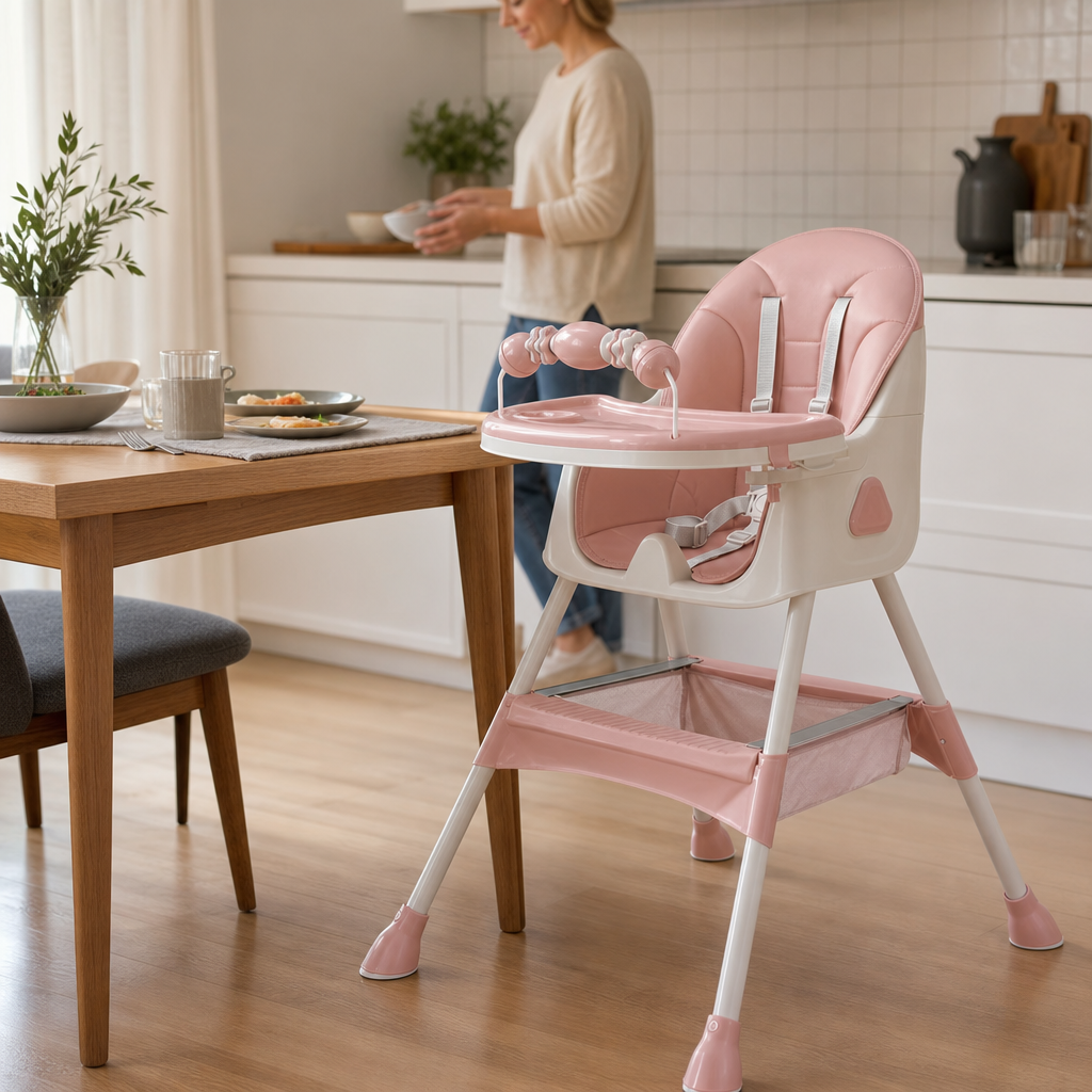 Chaise haute E500 rose poudré pendant le repas