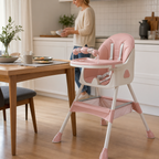 Chaise haute pliable E500 rose poudré, bébé installé pour le repas