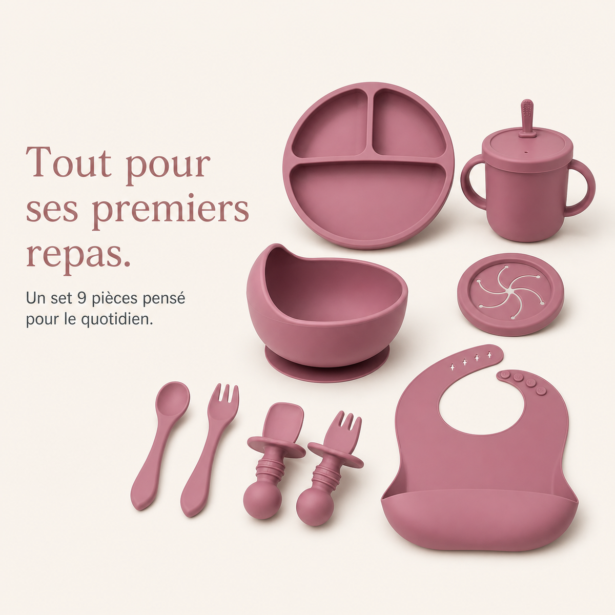 Les neuf pièces du coffret repas rose poudré détaillées une à une