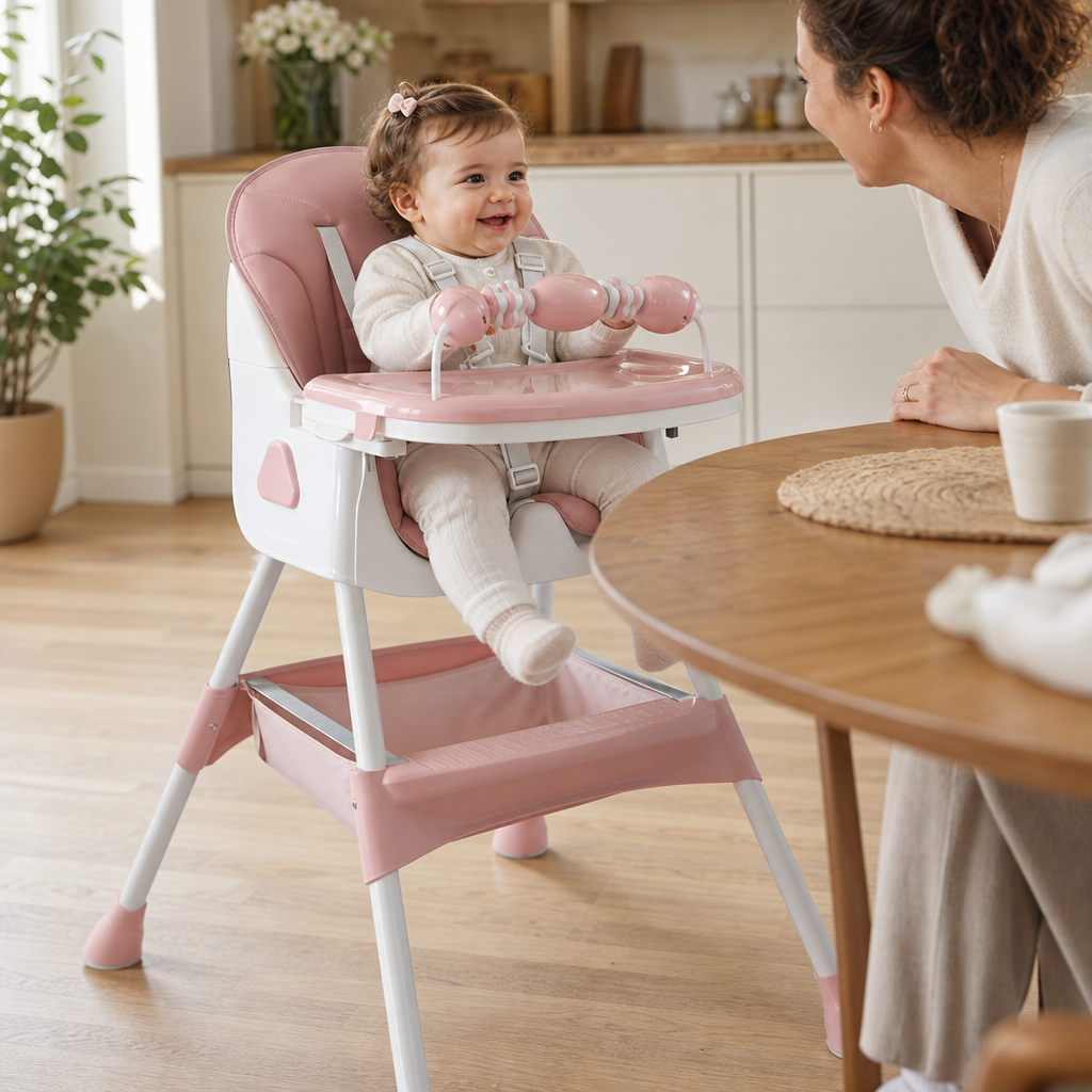 Bébé attablé dans la chaise haute pliable e500 rose poudré