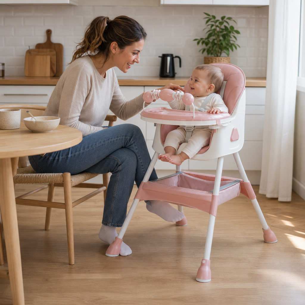 Un parent donne le repas à l’enfant dans la chaise haute pliable e500 rose poudré