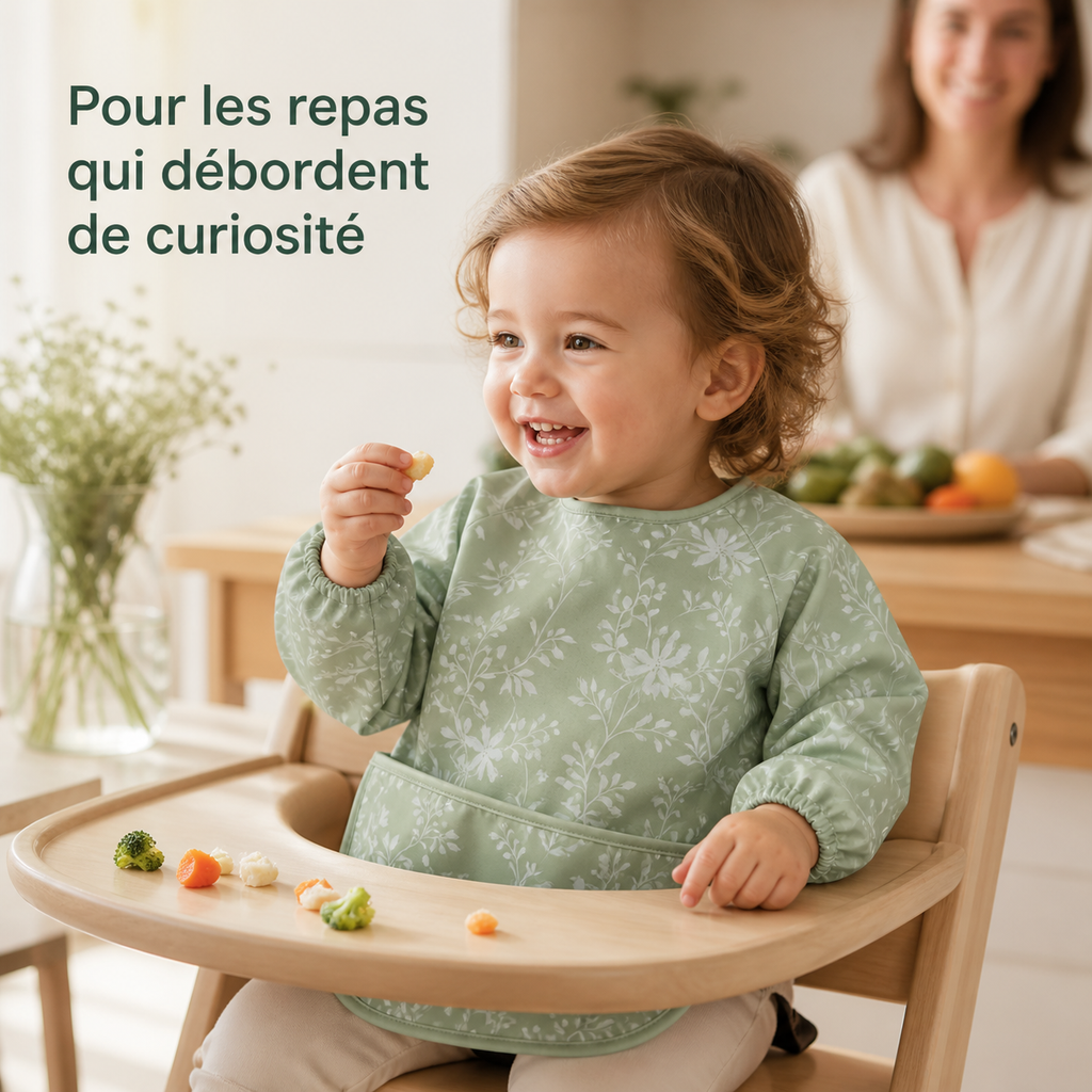 Enfant portant le bavoir à manches longues vert sauge botanique pendant le repas