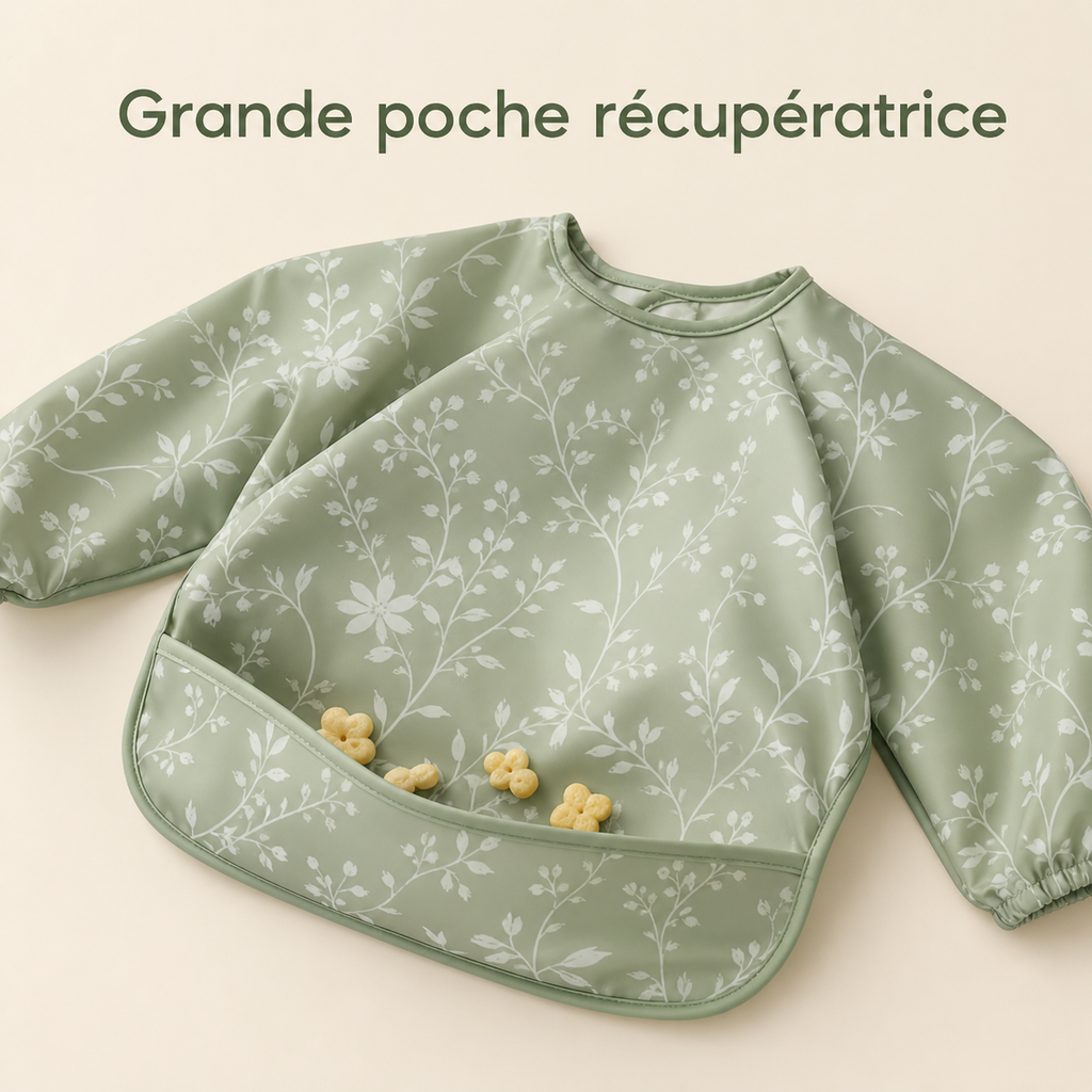 Poche récupératrice du bavoir vert sauge botanique, sur toute la largeur du bas