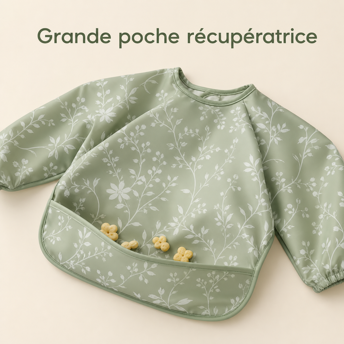 Poche récupératrice du bavoir vert sauge botanique, sur toute la largeur du bas