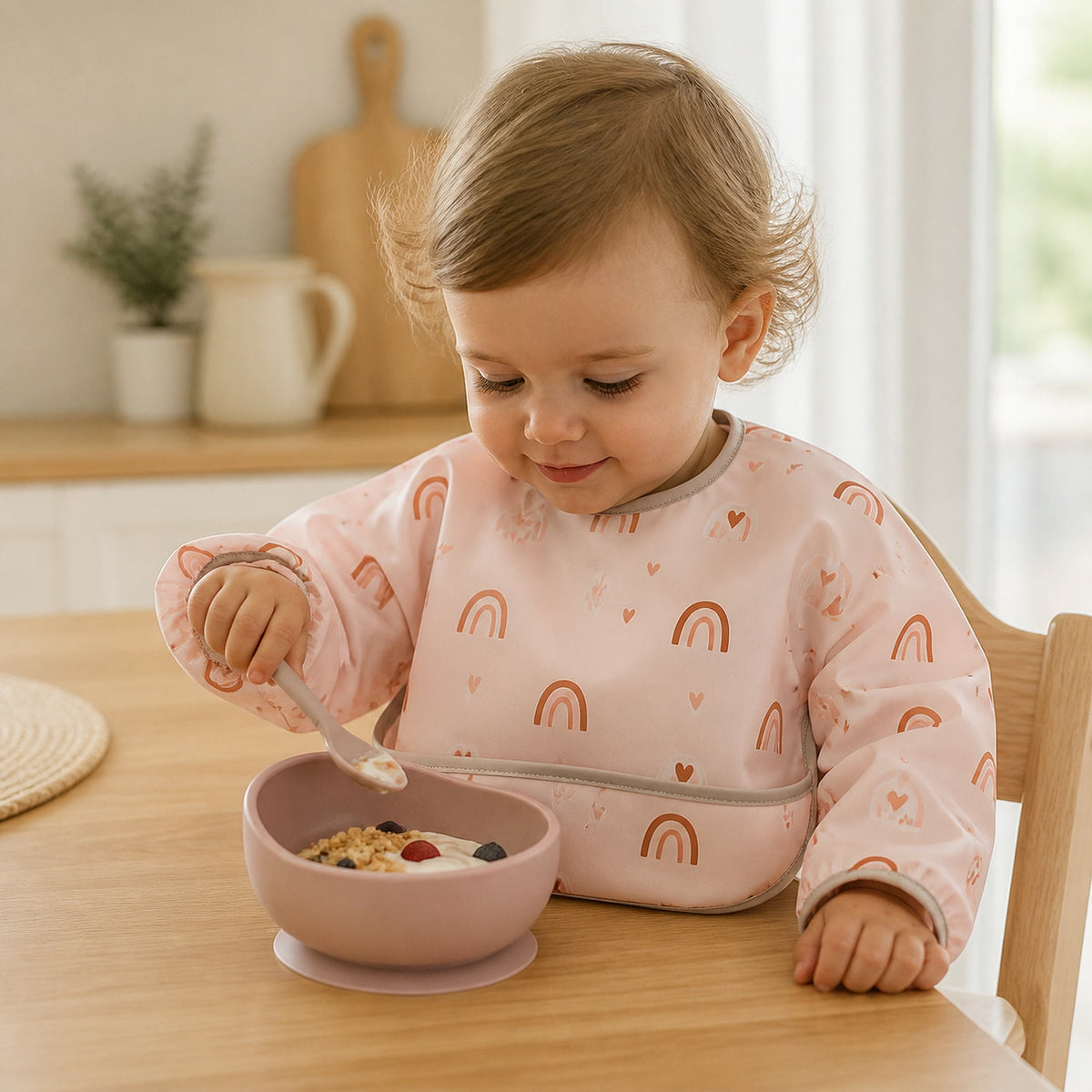 Pack Essentiel rose poudré : bavoir à manches longues arc-en-ciel rose pendant le repas