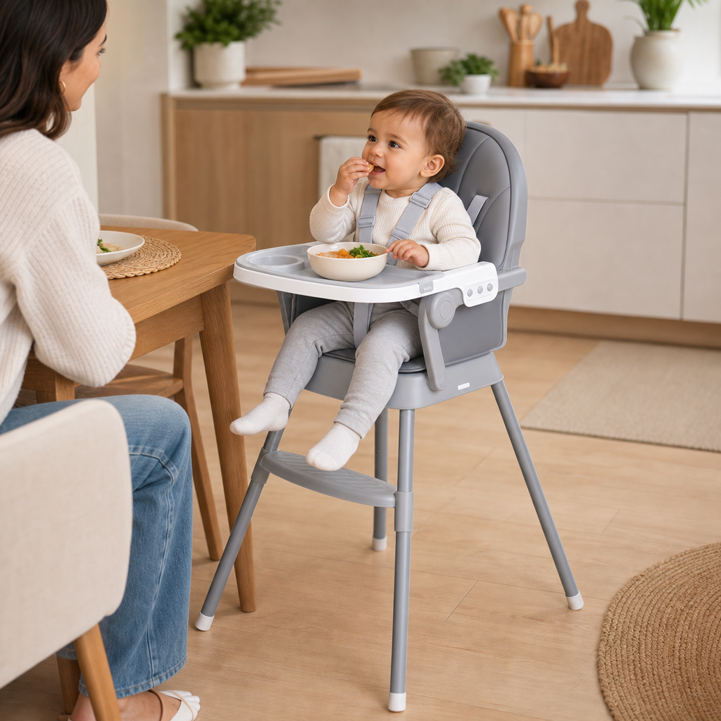 Chaise 2 hauteurs en position haute pendant un repas de famille
