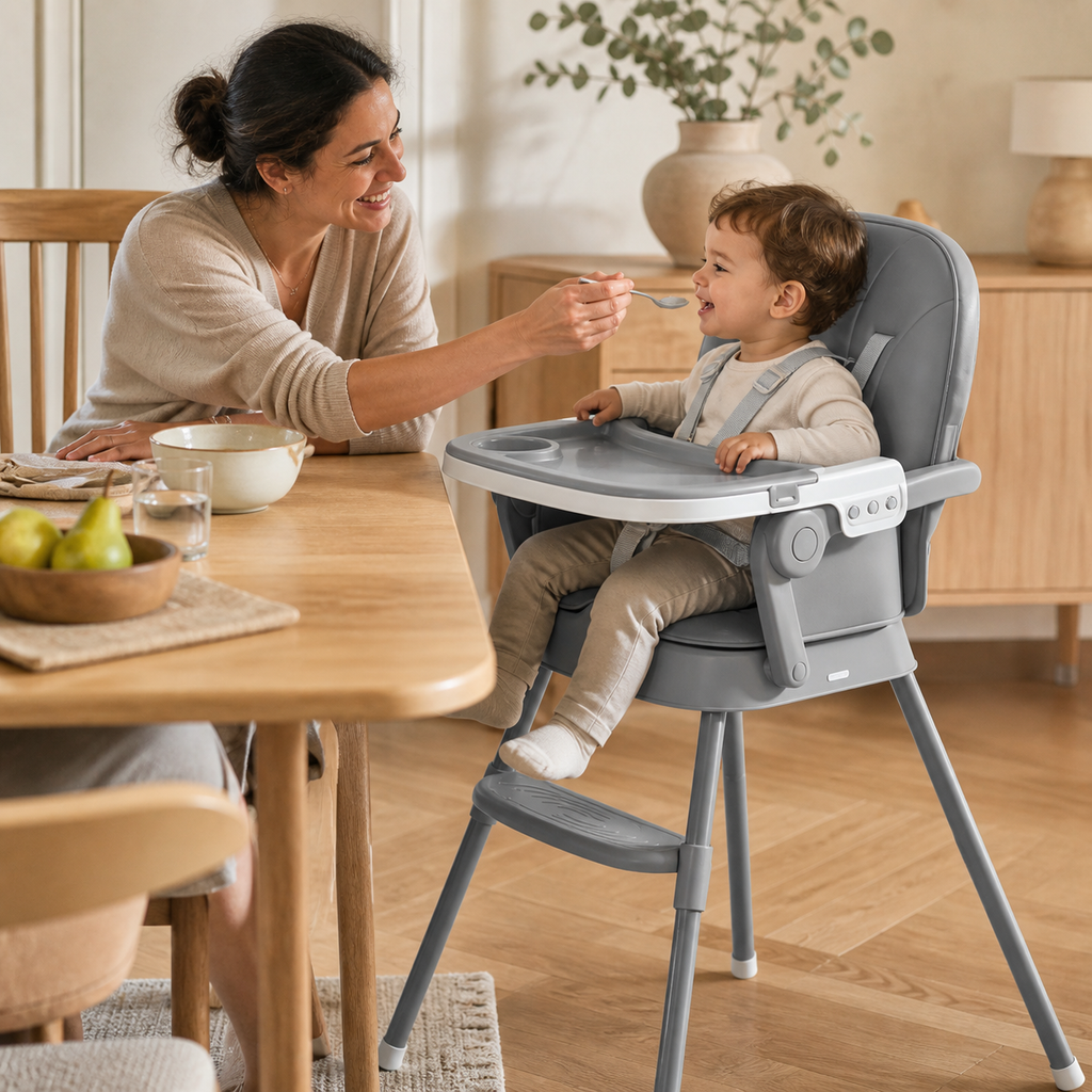 Enfant attablé en famille dans la chaise 2 hauteurs grise