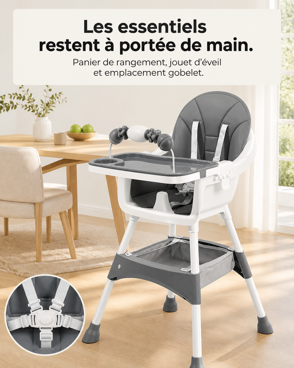 Repas, éveil et rangement réunis sur la chaise Confort gris