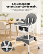 Repas, éveil et rangement réunis sur la chaise Confort gris