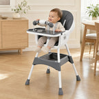 Chaise haute évolutive Confort gris, avec son arche d’éveil en place