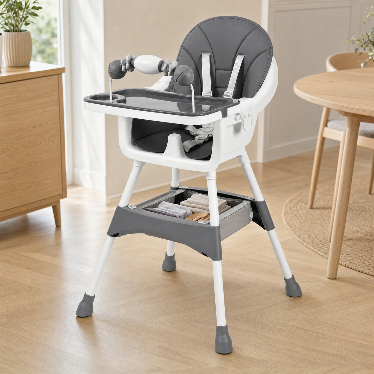 Chaise haute évolutive Confort gris, panier de rangement sous l’assise