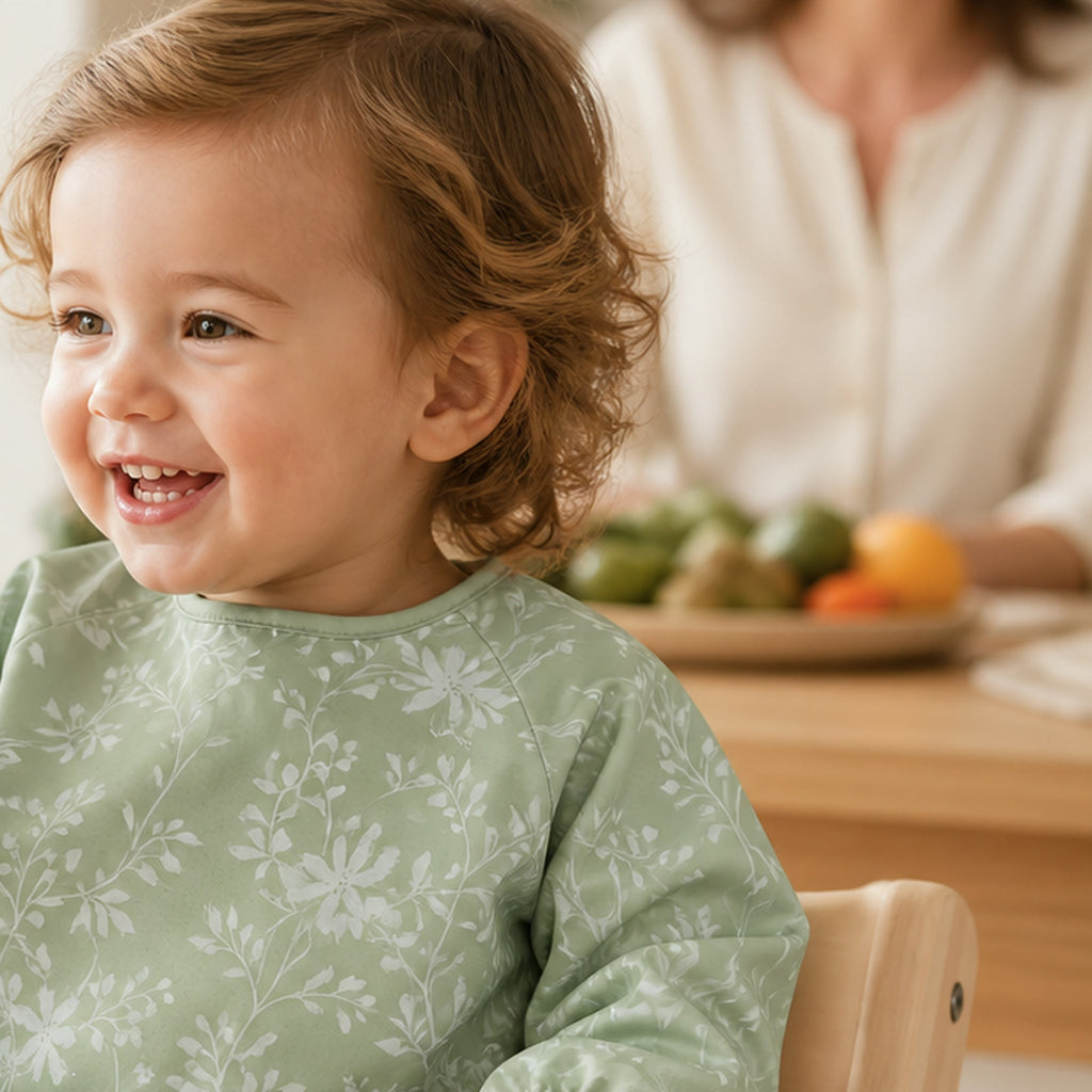 Enfant portant le bavoir à manches longues NIDOMEA vert sauge botanique pendant le repas