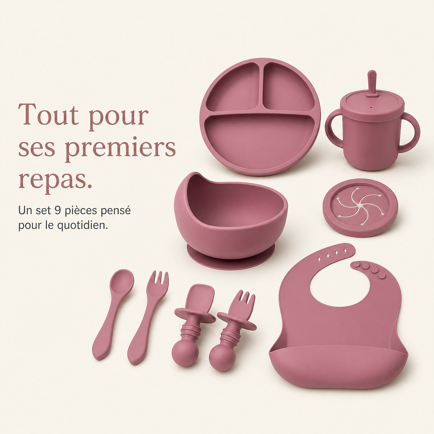 Les neuf pièces du coffret repas NIDOMEA : assiette compartimentée, bol à ventouse, gobelet à paille, couverts et bavoir