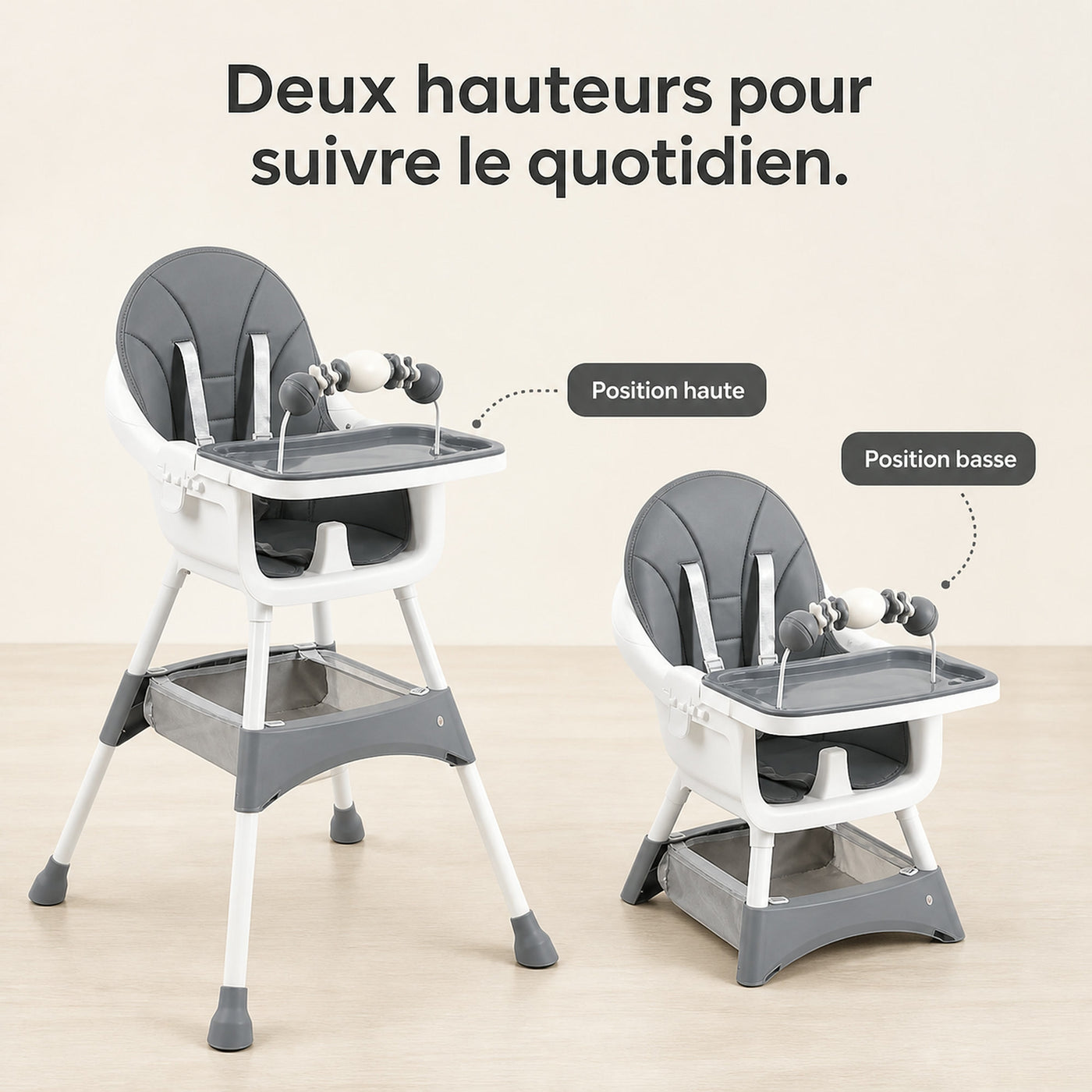 Chaise haute Confort NIDOMEA en position table et en position basse