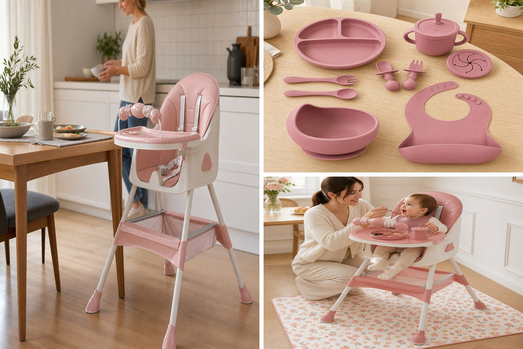 Pack Complet NIDOMEA : la chaise haute, le coffret repas 9 pièces et le tapis de repas, coloris rose poudré
