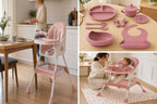 Pack Complet NIDOMEA : la chaise haute, le coffret repas 9 pièces et le tapis de repas, coloris rose poudré