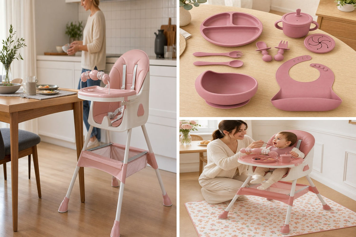 Pack Complet NIDOMEA : la chaise haute, le coffret repas 9 pièces et le tapis de repas, coloris rose poudré