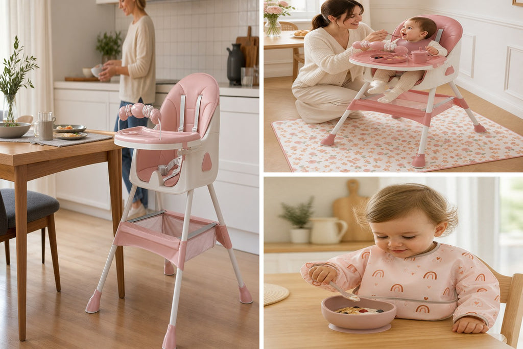 Pack Essentiel NIDOMEA : la chaise haute, le tapis de repas et le bavoir à manches longues, coloris rose poudré