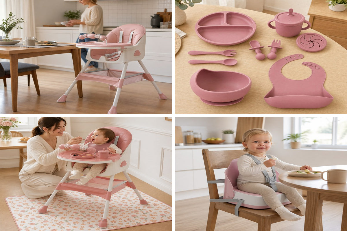 Pack Nomade NIDOMEA : la chaise haute, le coffret repas, le tapis et le rehausseur de chaise, coloris rose poudré
