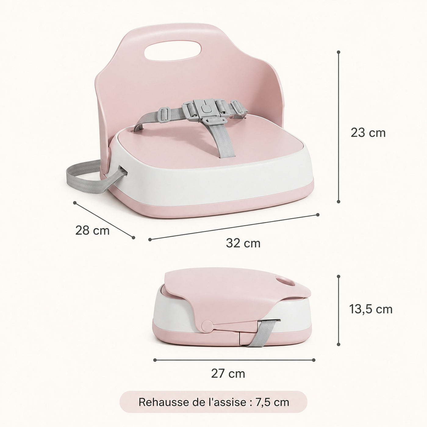 Rehausseur de chaise NIDOMEA, cotes et fixation par sangles