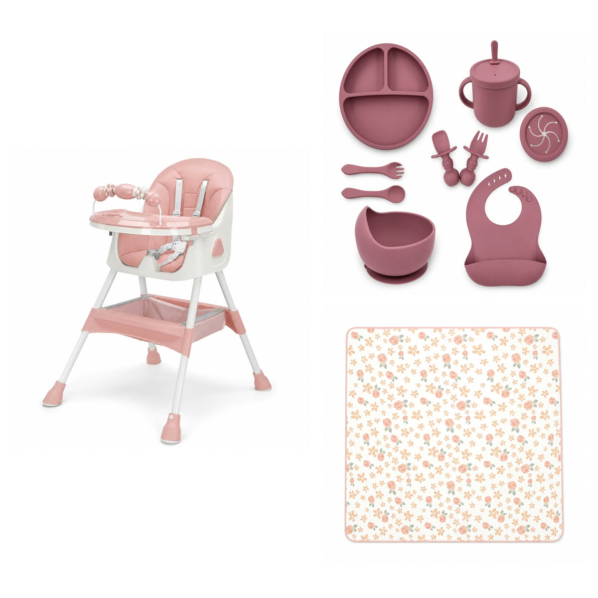 Pack Complet NIDOMEA rose poudré : chaise haute pliable E500, coffret repas 9 pièces et tapis de repas