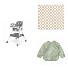 Pack Essentiel : chaise haute, tapis et bavoir, ensemble Gris